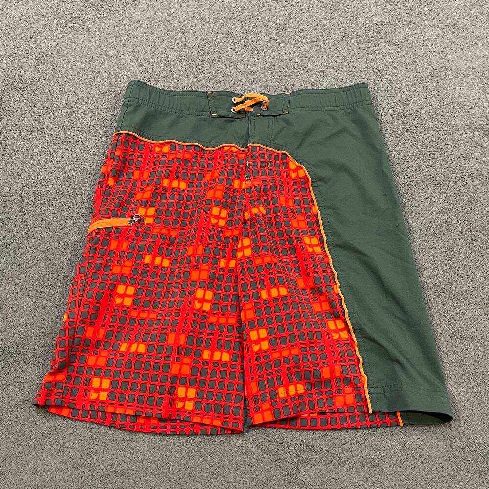 REI Co-op Green Red Geometric Print Lightweight Swim Board Shorts Kids Size M